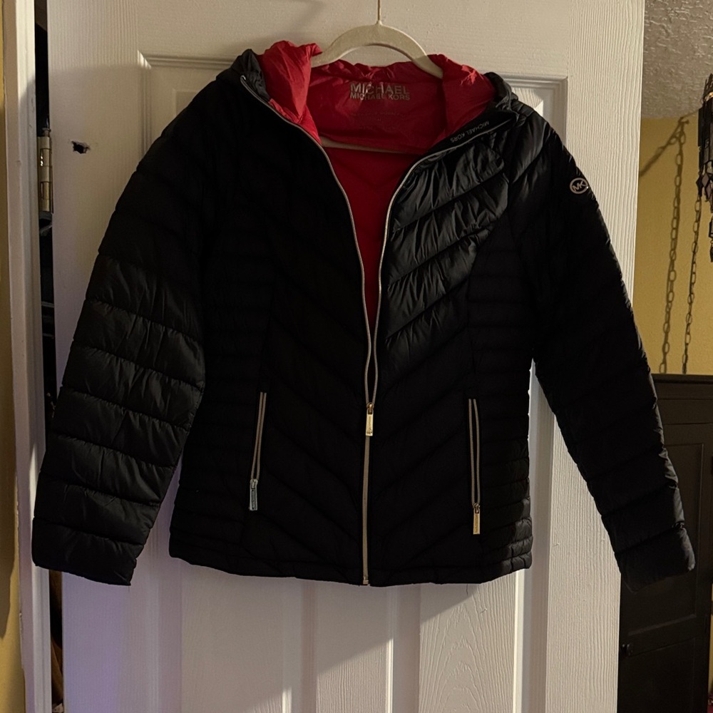 Michael Kors Black Puffer Jacket with Red Hood